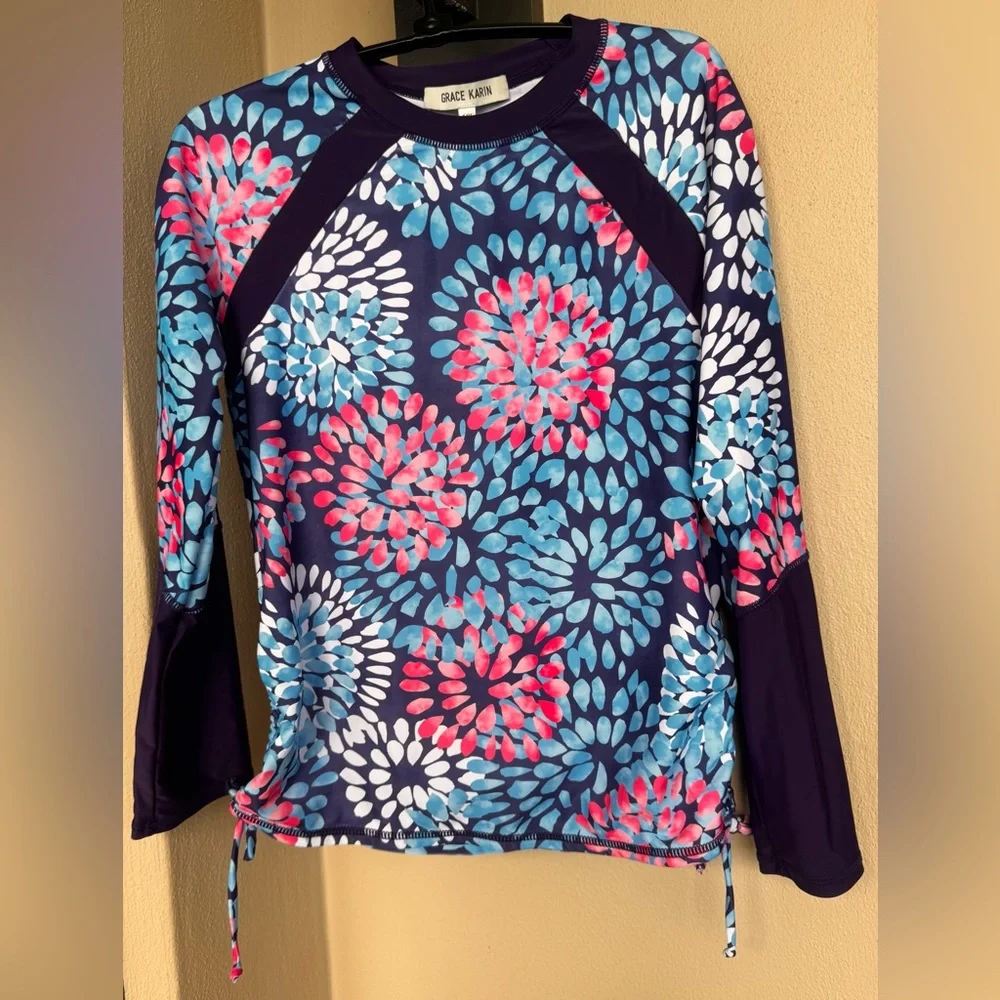 Grace Karin Youth Girls Blue /Pink/White Rash Guard Top Long Sleeve Size 14Y